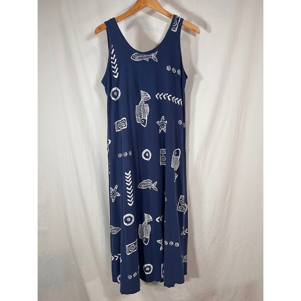 Jostar Vintage Navy Blue Fish Print Sleeveless Maxi Dress Made in USA Women L
